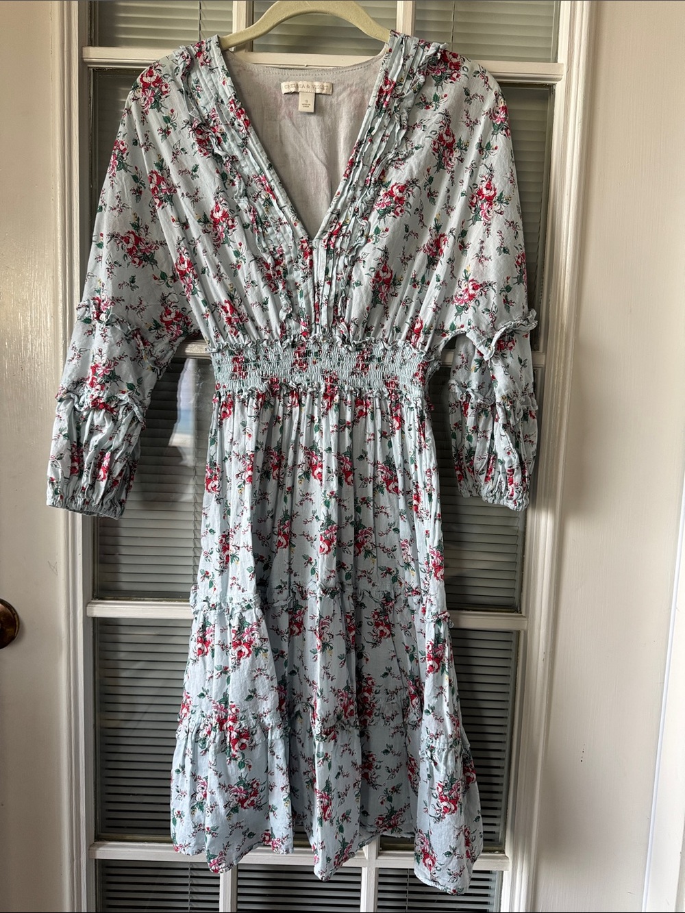 Chelsea & Violet Light Blue Floral V-Neck Midi Dress with Red Rose Print